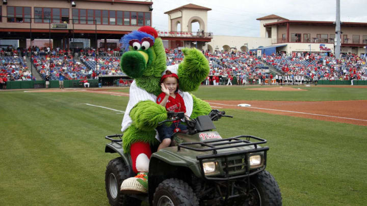CLEARWATER, FL - MARCH 12: The Phillie Phanatic rides a young fan around on a 4 wheeler before a spring training game between the Philadelphia Phillies and the Boston Red Sox at Spectrum Field on March 12, 2017 in Clearwater, Florida. (Photo by Justin K. Aller/Getty Images)