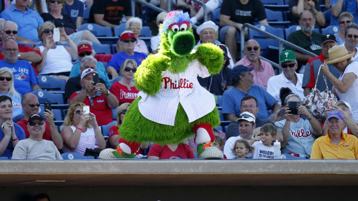 SARASOTA, FL- MARCH 09: The Phillie Phanatic taunts the Toronto Blue Jays on March 9, 2017 at Spectrum Field in Clearwater, Florida. (Photo by Justin K. Aller/Getty Images)