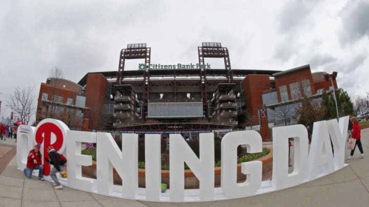 PHILADELPHIA, PA - APRIL 07: Fans pose in front of the park before the Opening Day game between the Washington Nationals and Philadelphia Phillies at Citizens Bank Park on April 7, 2017 in Philadelphia, Pennsylvania. (Photo by Rich Schultz/Getty Images)