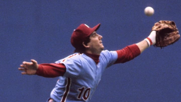 MONTREAL - OCTOBER 7: Larry Bowa #10 of the Philadelphia Phillies misses the ball during the National League Divisional Playoffs against the Montreal Expos at Olympic Stadium on October 7, 1981 in Montreal, Quebec, Canada. (Photo by Ronald C. Modra/Getty Images)