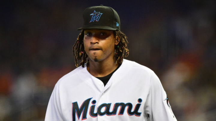 MIAMI, FL - APRIL 14: Jose Urena #62 of the Miami Marlins heard to the dugout during the game against the Philadelphia Phillies at Marlins Park on April 14, 2019 in Miami, Florida. (Photo by Mark Brown/Getty Images)