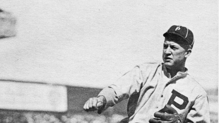 PHILADELPHIA, 1916. Grover Cleveland Alexander of the Philadelphia Phillies warms up before a game in the 1916 in Philadelphia, Pennsylvania. (Photo by Mark Rucker/Transcendental Graphics/Getty Images)