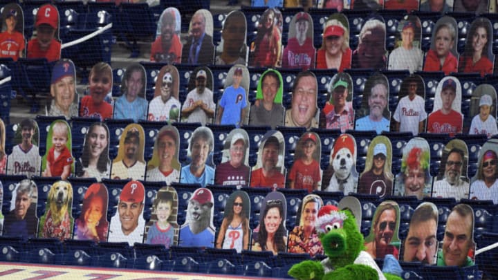 Aug 14, 2020; Philadelphia, Pennsylvania, USA; The Philly Phanatic looks on in the seventh inning against the New York Mets at Citizens Bank Park. Mandatory Credit: James Lang-USA TODAY Sports