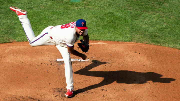 Sep 8, 2020; Philadelphia, Pennsylvania, USA; Philadelphia Phillies starting pitcher Zach Eflin (56) delivers a pitch during the first inning against the Boston Red Sox at Citizens Bank Park. Mandatory Credit: Bill Streicher-USA TODAY Sports