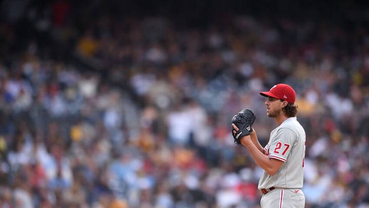 Aug 21, 2021; San Diego, California, USA; Philadelphia Phillies starting pitcher Aaron Nola (27) prepares to pitch against the San Diego Padres during the second inning at Petco Park. Mandatory Credit: Orlando Ramirez-USA TODAY Sports