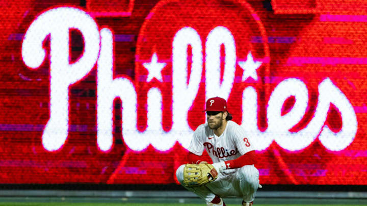 Sep 22, 2021; Philadelphia, Pennsylvania, USA; Philadelphia Phillies right fielder Bryce Harper (3) waits in the outfield before the third inning against the Baltimore Orioles at Citizens Bank Park. Mandatory Credit: Bill Streicher-USA TODAY Sports Sep 22, 2021; Philadelphia, Pennsylvania, USA; Philadelphia Phillies right fielder Bryce Harper (3) waits in the outfield before the third inning against the Baltimore Orioles at Citizens Bank Park. Mandatory Credit: Bill Streicher-USA TODAY Sports