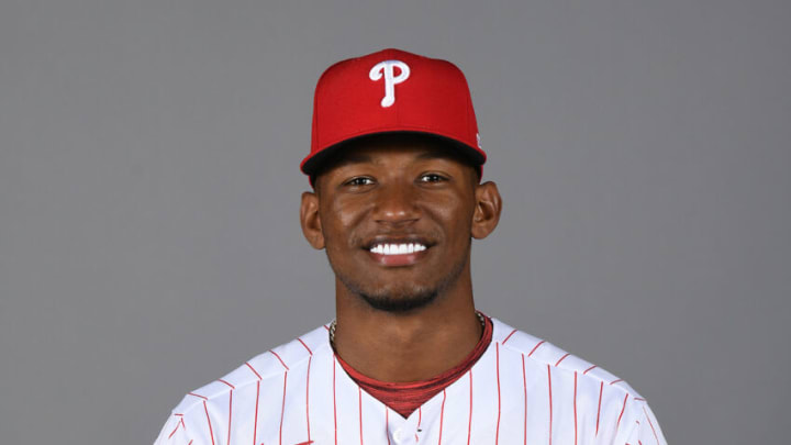 Mar 1, 2021; Clearwater, FL, USA; Philadelphia Phillies Johan Rojas #98 poses during media day at Phillies Spring Training Ballpark. Mandatory Credit: MLB photos via USA TODAY Sports Mar 1, 2021; Clearwater, FL, USA; Philadelphia Phillies Johan Rojas #98 poses during media day at Phillies Spring Training Ballpark. Mandatory Credit: MLB photos via USA TODAY Sports