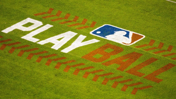 May 13, 2016; Philadelphia, PA, USA; An MLB play ball logo painted on the grass at Citizens Bank Park during a game between the Philadelphia Phillies and the Cincinnati Reds. The Philadelphia Phillies won 3-2. Mandatory Credit: Bill Streicher-USA TODAY Sports