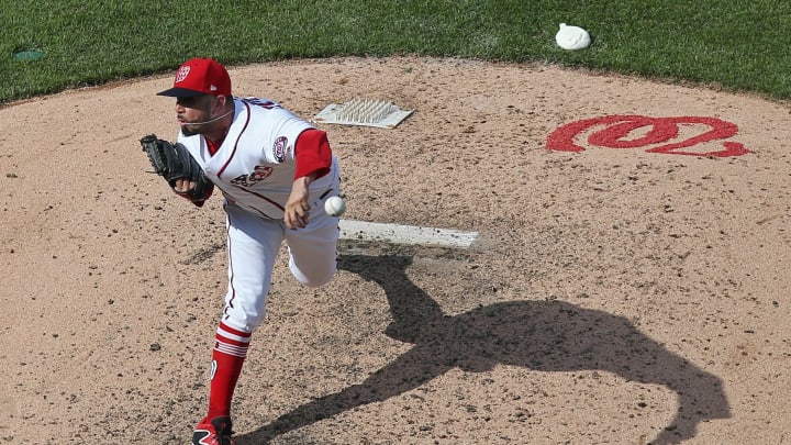 Apr 30, 2017; Washington, DC, USA; Washington Nationals relief pitcher Oliver Perez (46) pitches against the New York Mets at Nationals Park. Mandatory Credit: Geoff Burke-USA TODAY Sports