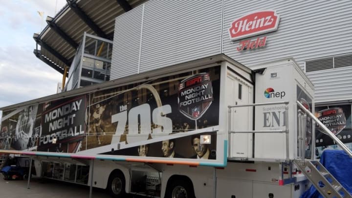 Oct 20, 2014; Pittsburgh, PA, USA; General view of ESPN Monday Night Football production trucks before the NFL game between the Houston Texans and the Pittsburgh Steelers at Heinz Field. Mandatory Credit: Kirby Lee-USA TODAY Sports