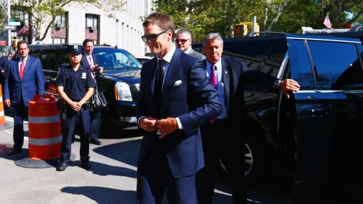Aug 12, 2015; New York, NY, USA; New England Patriots quarterback Tom Brady enters federal court for a hearing over the legality of Brady