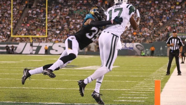Aug 11, 2016; East Rutherford, NJ, USA; New York Jets wide receiver Charone Peake (17) catches a touchdown pass as Jacksonville Jaguars cornerback Demetrius McCray (35) defends during the second half of the preseason game at MetLife Stadium. Mandatory Credit: Vincent Carchietta-USA TODAY Sports