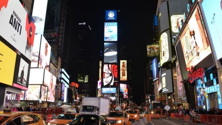 Feb 19, 2016; New York, NY, USA; General view of Times Square and the Manhattan skyline. Mandatory Credit: Kirby Lee-USA TODAY Sports