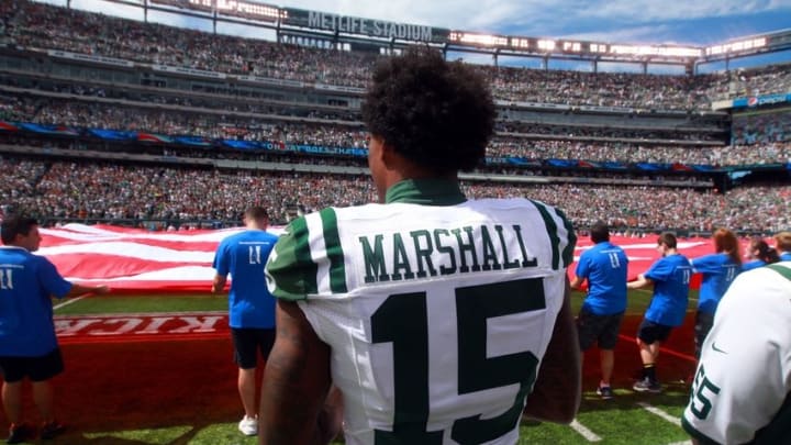Sep 11, 2016; East Rutherford, NJ, USA; New York Jets wide receiver Brandon Marshall (15) stands for the national anthem before a game against the Cincinnati Bengals at MetLife Stadium. Mandatory Credit: Brad Penner-USA TODAY Sports