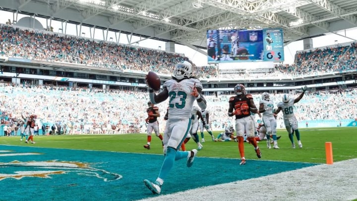 Sep 25, 2016; Miami Gardens, FL, USA; Miami Dolphins running back Jay Ajayi (23) celebrates his game winning touchdown in overtime against the Cleveland Browns at Hard Rock Stadium. Mandatory Credit: Steve Mitchell-USA TODAY Sports