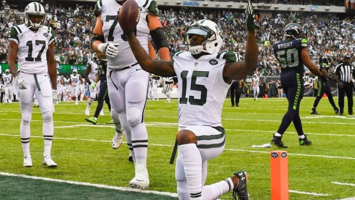 Oct 2, 2016; East Rutherford, NJ, USA; New York Jets wide receiver Brandon Marshall (15) celebrates a second quarter touchdown against the Seattle Seahawks at MetLife Stadium. Mandatory Credit: Robert Deutsch-USA TODAY Sports