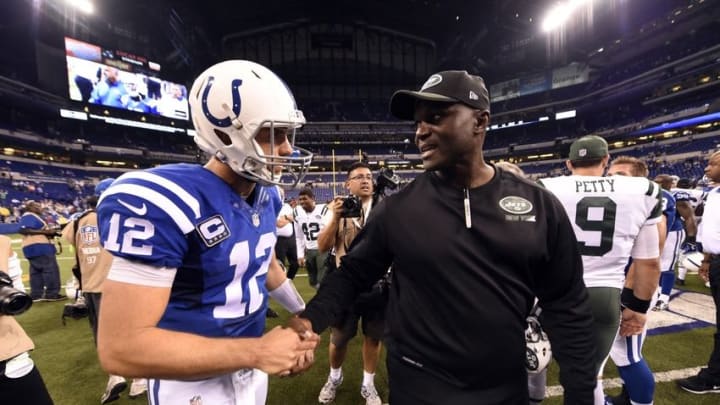 Sep 21, 2015; Indianapolis, IN, USA; Indianapolis Colts Andrew Luck (12) shakes hands with New York jets head Coach Todd Bowles after their loss to the Jets at Lucas Oil Stadium. Mandatory Credit: Thomas J. Russo-USA TODAY Sports