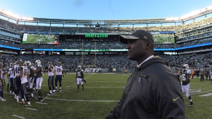 Nov 13, 2016; East Rutherford, NJ, USA; New York Jets coach Todd Bowles walks off the field after a NFL football game against the Los Angeles Rams at MetLife Stadium. The Rams defeated the Jets 9-6. Mandatory Credit: Kirby Lee-USA TODAY Sports