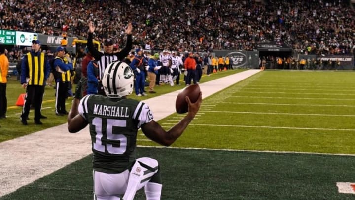 Nov 27, 2016; East Rutherford, NJ, USA; New York Jets wide receiver Brandon Marshall (15) celebrates after catching a touchdown pass in front of New England Patriots cornerback Malcolm Butler (not pictured) at MetLife Stadium. Mandatory Credit: Robert Deutsch-USA TODAY Sports