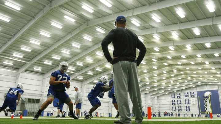 INDIANAPOLIS, IN – MAY 16: General view as Indianapolis Colts rookies work out during a minicamp at the team complex on May 16, 2014 in Indianapolis, Indiana. (Photo by Joe Robbins/Getty Images)