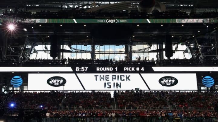 ARLINGTON, TX - APRIL 26: A video board displays the text "THE PICK IS IN" for the New York Jets during the first round of the 2018 NFL Draft at AT&T Stadium on April 26, 2018 in Arlington, Texas. (Photo by Tom Pennington/Getty Images)