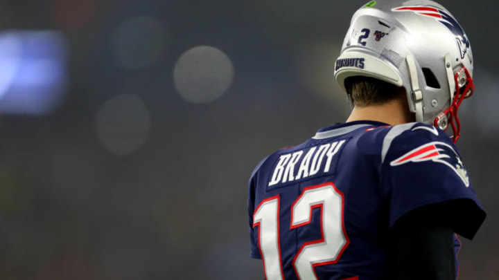 FOXBOROUGH, MASSACHUSETTS - JANUARY 04: Tom Brady #12 of the New England Patriots looks on during the the AFC Wild Card Playoff game against the Tennessee Titans at Gillette Stadium on January 04, 2020 in Foxborough, Massachusetts. (Photo by Maddie Meyer/Getty Images)