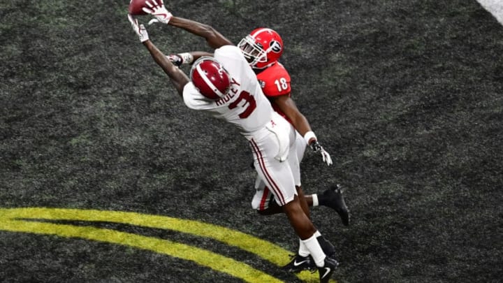 ATLANTA, GA - JANUARY 08: Calvin Ridley #3 of the Alabama Crimson Tide is unable to make a catch in the end zone against Deandre Baker #18 of the Georgia Bulldogs in the CFP National Championship presented by AT&T at Mercedes-Benz Stadium on January 8, 2018 in Atlanta, Georgia. (Photo by Scott Cunningham/Getty Images)
