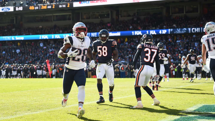 CHICAGO, IL – OCTOBER 21: James White #28 of the New England Patriots scores a touchdown in the fourth quarter against the Chicago Bears at Soldier Field on October 21, 2018 in Chicago, Illinois. The New England Patriots defeated the Chicago Bears 38-31. (Photo by Stacy Revere/Getty Images)