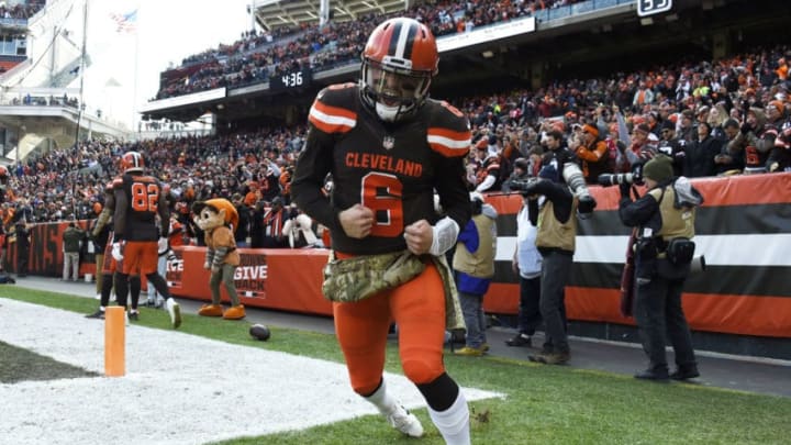 CLEVELAND, OH - NOVEMBER 11: Baker Mayfield #6 of the Cleveland Browns celebrates a touchdown pass in the first half against the Atlanta Falcons at FirstEnergy Stadium on November 11, 2018 in Cleveland, Ohio. (Photo by Jason Miller/Getty Images)