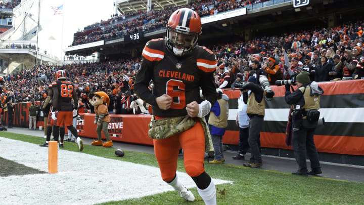 CLEVELAND, OH – NOVEMBER 11: Baker Mayfield #6 of the Cleveland Browns celebrates a touchdown pass in the first half against the Atlanta Falcons at FirstEnergy Stadium on November 11, 2018 in Cleveland, Ohio. (Photo by Jason Miller/Getty Images)