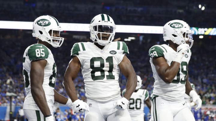 DETROIT, MI – SEPTEMBER 10: Quincy Enunwa #81 of the New York Jets celebrates a touchdown in the third quarter against the Detroit Lions at Ford Field on September 10, 2018 in Detroit, Michigan. (Photo by Joe Robbins/Getty Images)