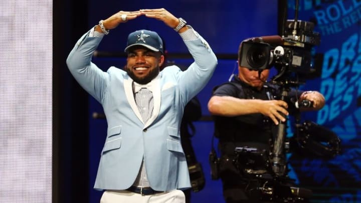 Apr 28, 2016; Chicago, IL, USA; Ezekiel Elliott (Ohio State) selected by the Dallas Cowboys as the number four overall pick in the first round of the 2016 NFL Draft at Auditorium Theatre. Mandatory Credit: Jerry Lai-USA TODAY Sports