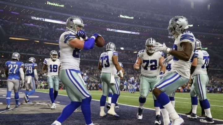 Dec 26, 2016; Arlington, TX, USA; Dallas Cowboys tight end Jason Witten (82) celebrates his touchdown with wide receiver Dez Bryant (88) during the game against the Detroit Lions at AT&T Stadium. Mandatory Credit: Kevin Jairaj-USA TODAY Sports