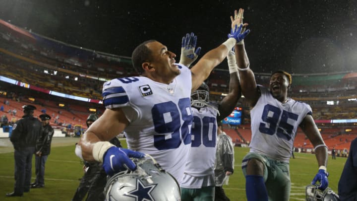 LANDOVER, MD - OCTOBER 29: Defensive end Tyrone Crawford #98 of the Dallas Cowboys, Demarcus Lawrence #90, and David Irving #95 celebrate after defeating the Washington Redskins at FedEx Field on October 29, 2017 in Landover, Maryland. (Photo by Patrick Smith/Getty Images)