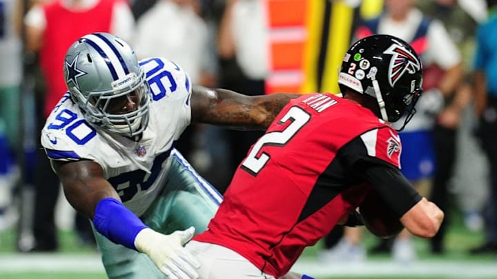ATLANTA, GA - NOVEMBER 12: DeMarcus Lawrence #90 of the Dallas Cowboys sacks Matt Ryan #2 of the Atlanta Falcons during the first half at Mercedes-Benz Stadium on November 12, 2017 in Atlanta, Georgia. (Photo by Scott Cunningham/Getty Images)