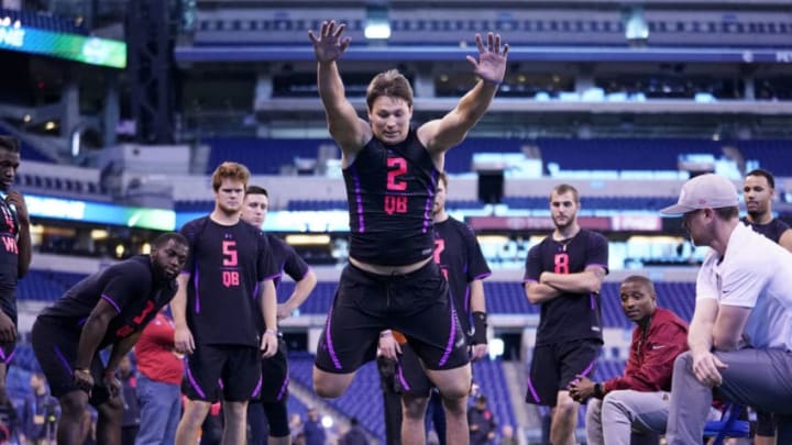 INDIANAPOLIS, IN - MARCH 03: Wyoming quarterback Josh Allen competes in the broad jump during the NFL Combine at Lucas Oil Stadium on March 3, 2018 in Indianapolis, Indiana. (Photo by Joe Robbins/Getty Images)
