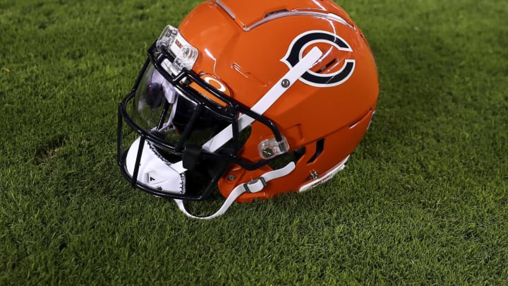 CHICAGO, IL – OCTOBER 13: A detailed shot of an orange Chicago Bears helmet prior to an NFL football game against the Washington Commanders at Soldier Field on October 13, 2022, in Chicago, Illinois. (Photo by Kevin Sabitus/Getty Images)