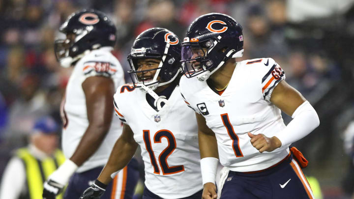 FOXBOROUGH, MA – OCTOBER 24: Justin Fields #1 of the Chicago Bears smiles after scoring a touchdown during the first quarter of an NFL football game against the New England Patriots at Gillette Stadium on October 24, 2022, in Foxborough, Massachusetts. (Photo by Kevin Sabitus/Getty Images)