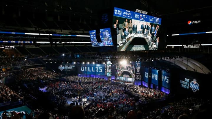 ARLINGTON, TX - APRIL 26: The Dallas Cowboys war room is seen on a video board during the first round of the 2018 NFL Draft at AT&T Stadium on April 26, 2018 in Arlington, Texas. (Photo by Tim Warner/Getty Images)