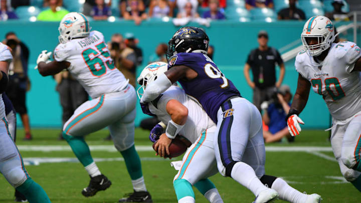 MIAMI, FLORIDA - SEPTEMBER 08: Matt Judon #99 of the Baltimore Ravens scaks Josh Rosen #3 of the Miami Dolphins in the fourth quarter at Hard Rock Stadium on September 08, 2019 in Miami, Florida. (Photo by Mark Brown/Getty Images)