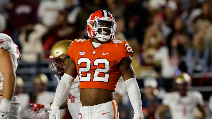 Oct 8, 2022; Chestnut Hill, Massachusetts, USA; Clemson Tigers linebacker Trenton Simpson (22) smiles after a sack against the Boston College Eagles during the second half at Alumni Stadium. Mandatory Credit: Winslow Townson-USA TODAY Sports