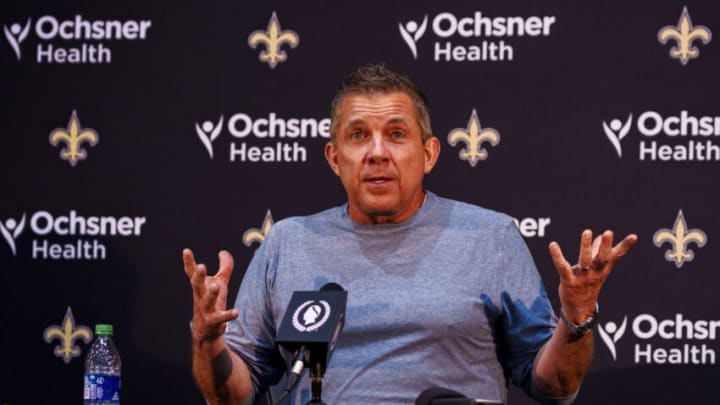 Jan 25, 2022; Metairie, LA, USA; New Orleans Saints head coach Sean Payton speaks during a press conference at Ochsner Sports Performance Center. Mandatory Credit: Andrew Wevers-USA TODAY Sports