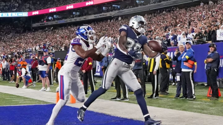 Sep 26, 2022; East Rutherford, NJ, USA; Dallas Cowboys wide receiver CeeDee Lamb (88) makes a touchdown catch over New York Giants cornerback Adoree' Jackson (22) during the second half at MetLife Stadium. Mandatory Credit: Robert Deutsch-USA TODAY Sports