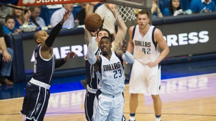 Apr 21, 2016; Dallas, TX, USA; Dallas Mavericks guard Wesley Matthews (23) drives to the basket against the Oklahoma City Thunder in game three of the first round of the NBA Playoffs at American Airlines Center. Mandatory Credit: Jerome Miron-USA TODAY Sports