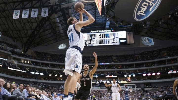 Apr 13, 2016; Dallas, TX, USA; Dallas Mavericks forward Dirk Nowitzki (41) attempts a three point shot against the San Antonio Spurs during the first half at the American Airlines Center. Mandatory Credit: Jerome Miron-USA TODAY Sports