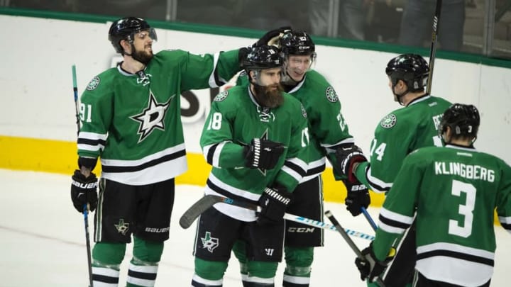 Nov 25, 2016; Dallas, TX, USA; Dallas Stars defenseman Esa Lindell (23) and right wing Patrick Eaves (18) and center Tyler Seguin (91) and left wing Jamie Benn (14) and defenseman John Klingberg (3) celebrate Lindell
