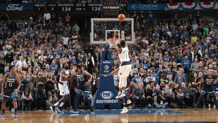 DALLAS, TX - OCTOBER 20: Dennis Smith Jr. #1 of the Dallas Mavericks shoots the ball against the Minnesota Timberwolves during a game on October 20, 2018 at American Airlines Center in Dallas, Texas. NOTE TO USER: User expressly acknowledges and agrees that, by downloading and/or using this Photograph, user is consenting to the terms and conditions of the Getty Images License Agreement. Mandatory Copyright Notice: Copyright 2018 NBAE (Photo by Glenn James/NBAE via Getty Images)