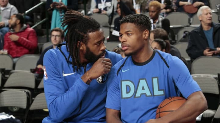 DALLAS, TX - NOVEMBER 10: DeAndre Jordan #6 of the Dallas Mavericks and Dennis Smith Jr. #1 of the Dallas Mavericks seen prior to the game against the Oklahoma City Thunder on November 10, 2018 at the American Airlines Center in Dallas, Texas. NOTE TO USER: User expressly acknowledges and agrees that, by downloading and or using this photograph, User is consenting to the terms and conditions of the Getty Images License Agreement. Mandatory Copyright Notice: Copyright 2018 NBAE (Photo by Glenn James/NBAE via Getty Images)