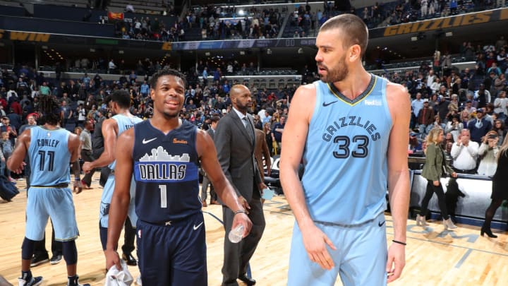 MEMPHIS, TN – NOVEMBER 19: Dennis Smith Jr. #1 of the Dallas Mavericks and Marc Gasol #33 of the Memphis Grizzlies talk after the game on November 19, 2018 at FedExForum in Memphis, Tennessee. NOTE TO USER: User expressly acknowledges and agrees that, by downloading and/or using this photograph, user is consenting to the terms and conditions of the Getty Images License Agreement. Mandatory Copyright Notice: Copyright 2018 NBAE (Photo by Joe Murphy/NBAE via Getty Images)