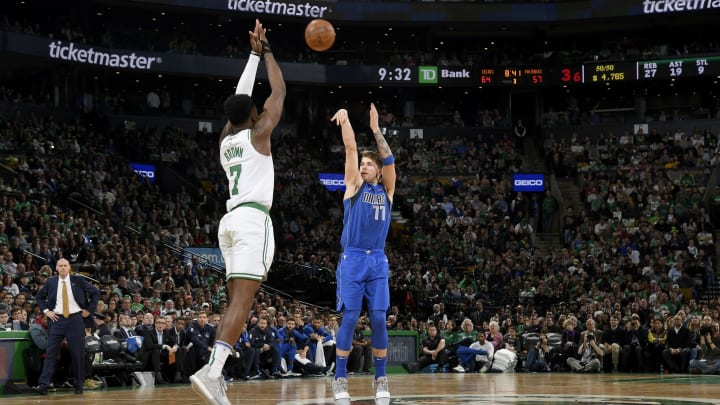 BOSTON, MA – JANUARY 4: Luka Doncic #77 of the Dallas Mavericks shoots the ball against the Boston Celtics on January 4, 2019 at the TD Garden in Boston, Massachusetts. NOTE TO USER: User expressly acknowledges and agrees that, by downloading and/or using this photograph, user is consenting to the terms and conditions of the Getty Images License Agreement. Mandatory Copyright Notice: Copyright 2019 NBAE (Photo by Brian Babineau/NBAE via Getty Images)